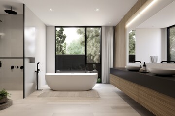 Fototapeta na wymiar modern, minimalist master bathroom. The color palette should include shades of white, grey, and black, and the design should incorporate elements like a freestanding tub - Generative AI