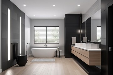 modern, minimalist master bathroom. The color palette should include shades of white, grey, and black, and the design should incorporate elements like a freestanding tub - Generative AI