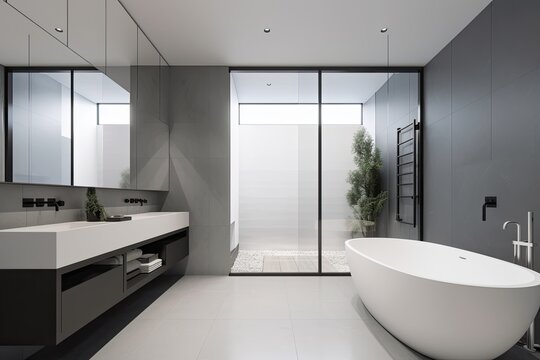 modern, minimalist master bathroom. The color palette should include shades of white, grey, and black, and the design should incorporate elements like a freestanding tub - Generative AI