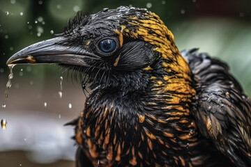 Closeup shot of a bird coated in some thick, greasy substance - Generative AI