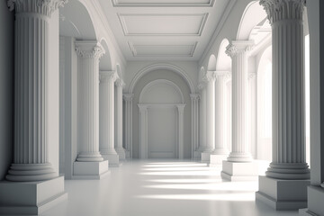 White empty hall with columns. Minimalistic interior space in a classic style, indoors. creative generative ai