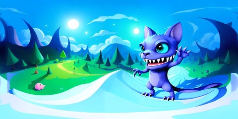 Photo of a playful blue monster with large teeth and mischievous expression