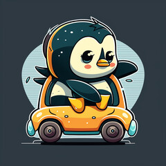 Naklejka premium Penguin driving cars, cute animals, illustrations, premium vector art, flat cartoon designs. Suitable for advertising design, comics, cards, books, presentations, Generative AI