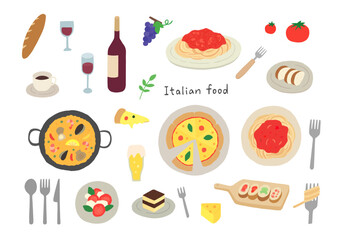 イタリアン料理の手描きイラストセット（カラー/輪郭線なし）