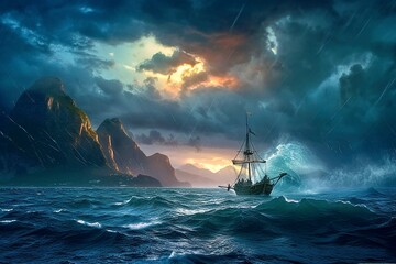 Majestic stormy seascape with a boat navigating through lightning, Generative AI - obrazy, fototapety, plakaty