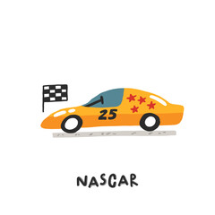 Nascar. Racing car. Hand drawn illustration in cartoon style. Transport toys. Cute concept for children's print. Illustration for the design postcard, textiles, apparel