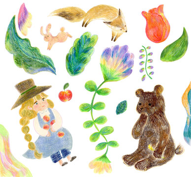 植物と女の子、クマや狐、うさぎの可愛い手描きのイラストセット