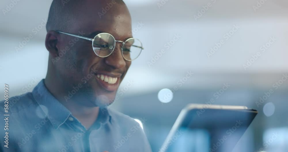 Poster networking, smile and black man in office on tablet for web design ideas, online project and website