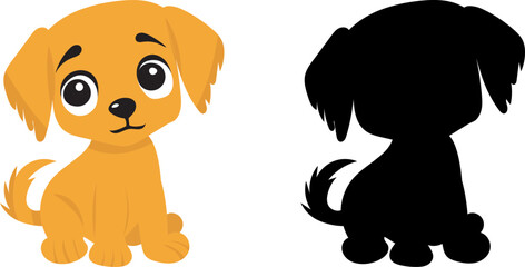 cartoon puppy, dog with silhouette isolated, vector