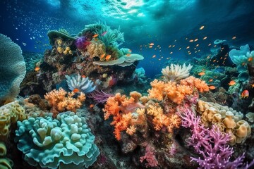 Naklejka na ściany i meble Underwater Coral Reef: A wide shot of a bustling coral reef, with a brilliantly colored nudibranch navigating the vibrant seascape, Generative AI