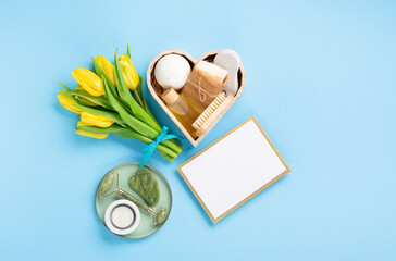 Mothers Day Gift Box with Natural Eco Friendly Home Spa Products on Blue Background