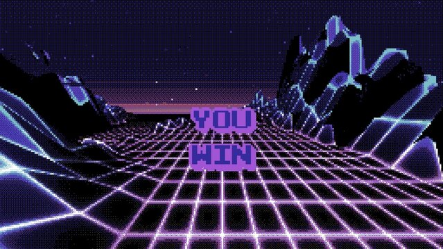 Abstract analogue grunge blue purple VHS styled 80s retro arcade video game background 3D illustration. Retrowave horizon mountain landscape. Neon color, low poly shaded terrain, and "You Win" text.