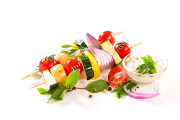 vegetables grilled skewer and dipping sauce isolated on white background