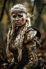 Portrait of an ancient female viking warrior with blonde hair, metal and leather armor stained with mud and blood. Fantasy wallpaper, cover design and poster created with Generative AI
