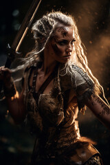 Portrait of an ancient female viking warrior with blonde hair, metal and leather armor stained with mud and blood. Fighting pose. Fantasy wallpaper, cover design and poster created with Generative AI
