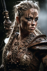 Portrait of an ancient female viking warrior with blonde hair, metal and leather armor stained with mud and blood. Fantasy wallpaper, cover design and poster created with Generative AI