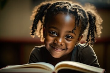Black child reading a book, smiling looking at camera, Ai Generative.