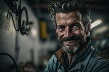 Fototapeta na wymiar Portrait, adult man as a mechanic, workshop on background, Ai Generative