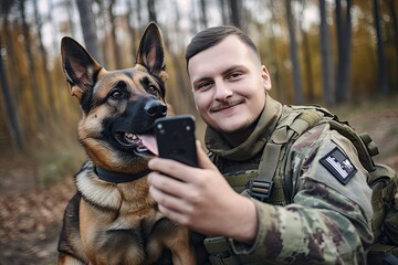 Soldier is taking a selfie with his dog, Ai Generative.