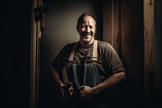 Portrait, adult man as a carpenter, in a carpentry background, Ai Geneartive.