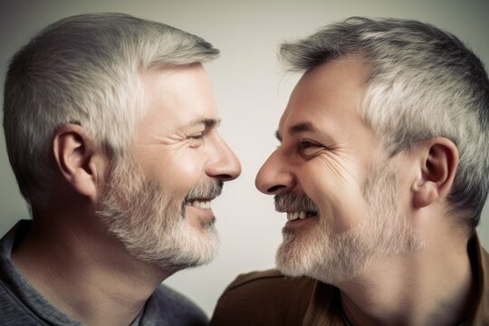 Two men in love looking at each other face to face. Ai Generative.