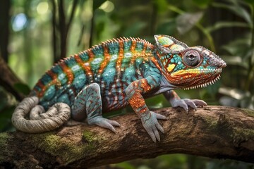 Fototapeta premium Jeweled Chameleon in Madagascar Rainforest, Generative Ai