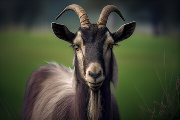 Fototapeta premium Portrait of a goat in the pasture. AI generated
