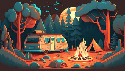 Vanlife Camping Van on a mountain. AI GENERATIVE.