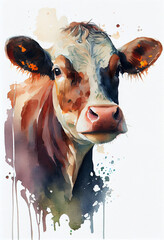 Portrait of a cow in the pasture. AI generated