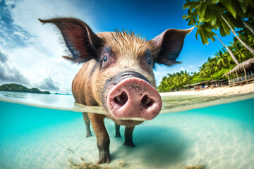 rosafarbenes Schwein badet im Meer, generative AI