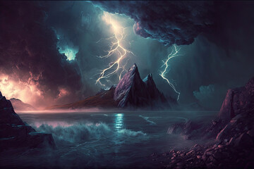 beautiful lightning at sea, storm clouds, Generative AI