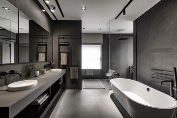 minimalist design master bathroom. The color palette should include shades of grey and black, and the design should incorporate elements like a freestanding tub, large shower - Generative AI