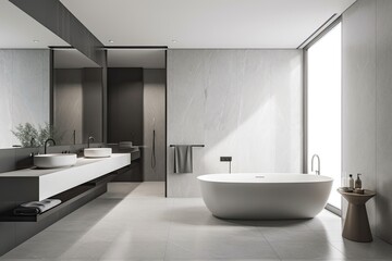 minimalist design master bathroom. The color palette should include shades of grey and black, and the design should incorporate elements like a freestanding tub, large shower - Generative AI