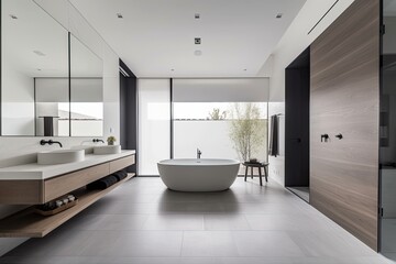 Fototapeta na wymiar minimalist design master bathroom. The color palette should include shades of grey and black, and the design should incorporate elements like a freestanding tub, large shower - Generative AI