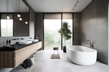 minimalist design master bathroom. The color palette should include shades of grey and black, and the design should incorporate elements like a freestanding tub, large shower - Generative AI