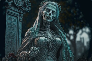 Zombie Woman on the Cemetery. Generative AI, non-existent person.