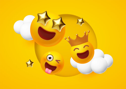 Joy, happy and fun background. Yellow balls with faces. Emotion expression . Holiday, singing, joy, fun, party, laughter, music, concert, birthday, win and special offer.
