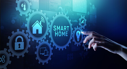 Smart home control panel on virtual screen. IOT and Automation technology concept.