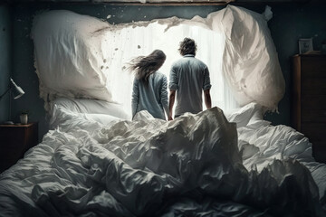 Couple getting out of messy bed sheets back view, created with Generative AI technology
