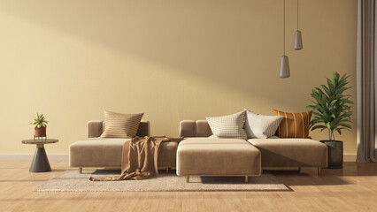 Brown sofa and yellow wall in modern living room.3d rendering