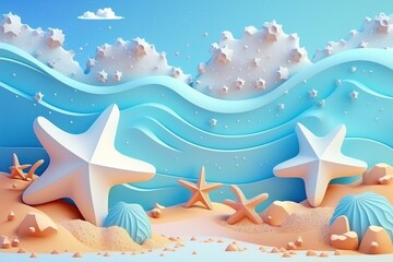 Fototapeta na wymiar 3D beach scene background with starfish and seashells. Plasticine clay dough illustration for kids, generative ai
