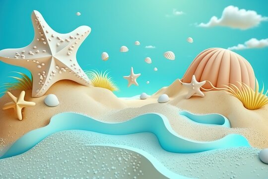 3D beach scene background with starfish and seashells. Plasticine clay dough illustration for kids, generative ai