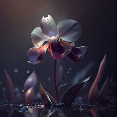 : A young orchid in light purple tones:: holy light spectral light flowers , the petals are flashing gray light, background gray, light, reflection, ai illustrations, ai generative