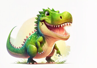 Fototapeta premium Cute Cartoon Dinosaur on white background, tyrannosaurus Rex,Generated AI
