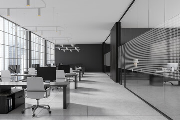Grey office interior with coworking zone and ceo room, panoramic window