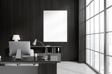 Grey office room interior with desk and computer, window. Mockup frame
