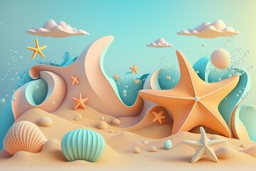 Fototapeta na wymiar 3D beach scene background with starfish and seashells. Plasticine clay dough illustration for kids, generative ai