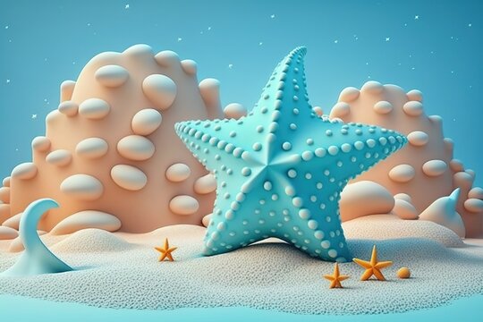 3D beach scene background with starfish and seashells. Plasticine clay dough illustration for kids, generative ai