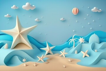 Obraz na płótnie Canvas 3D beach scene background with starfish and seashells. Plasticine clay dough illustration for kids, generative ai