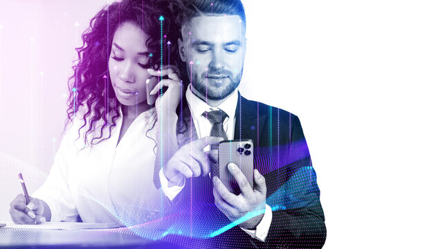 Two business people with smartphone, online network in cyberspac - Powered by Adobe